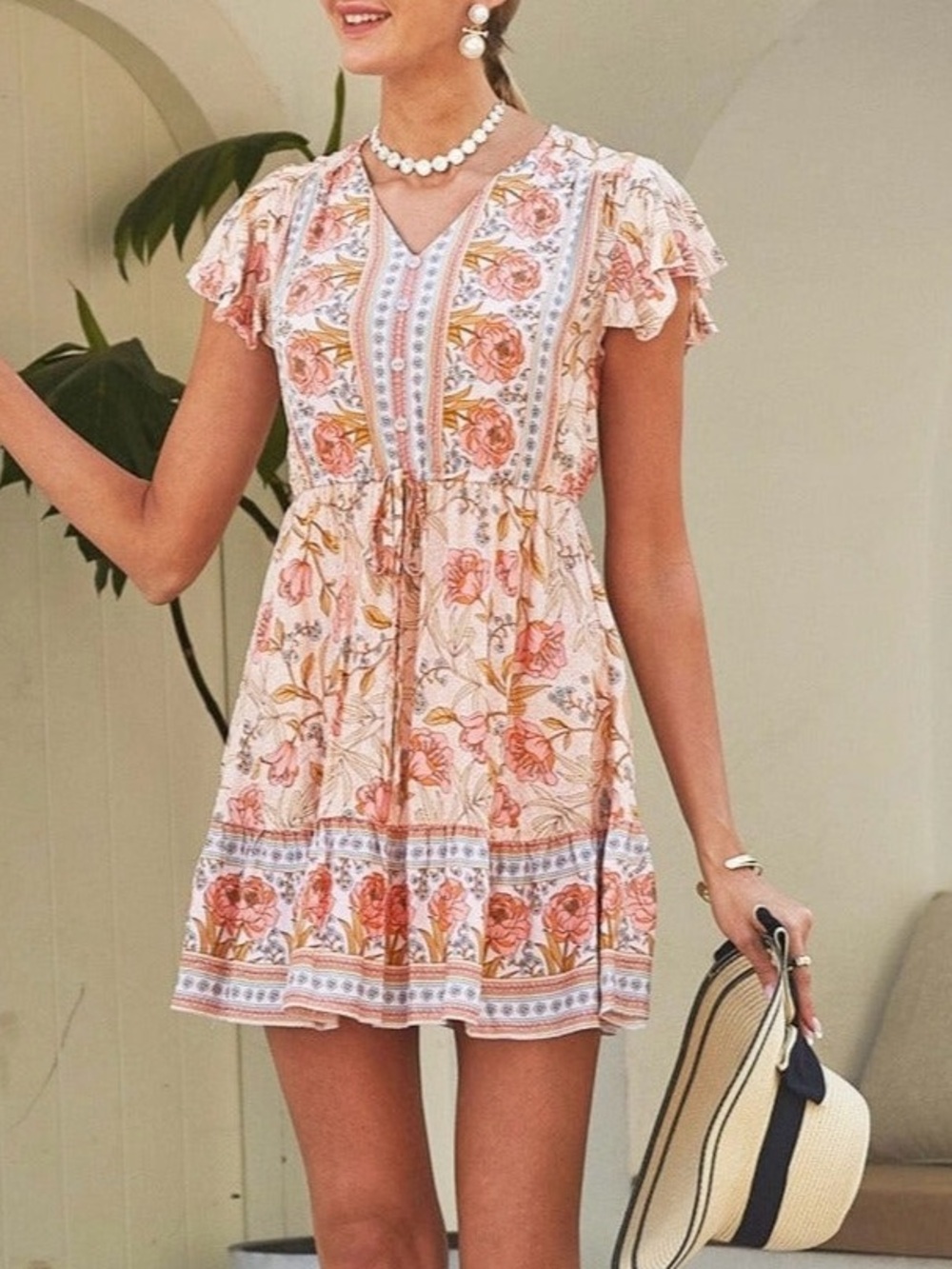 Anna-Kaci Boho Floral Midi Dress Butterfly Sleeves Tie Waist Cottage Fairy XL